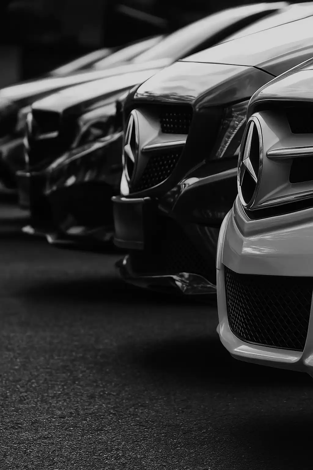 Front view of several car grilles lined up